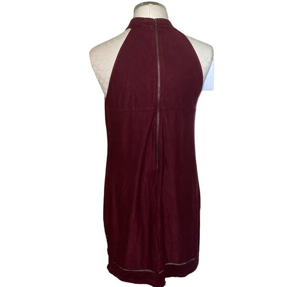 Alya Boho Embroidered Halter Faux Suede Mini Dress Size Medium Burgundy - Picture 3 of 8